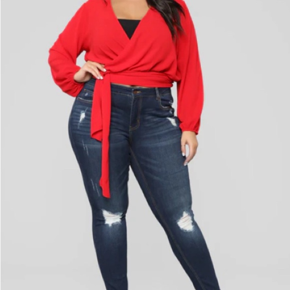 Red Wrap Top and Distressed Jeans
